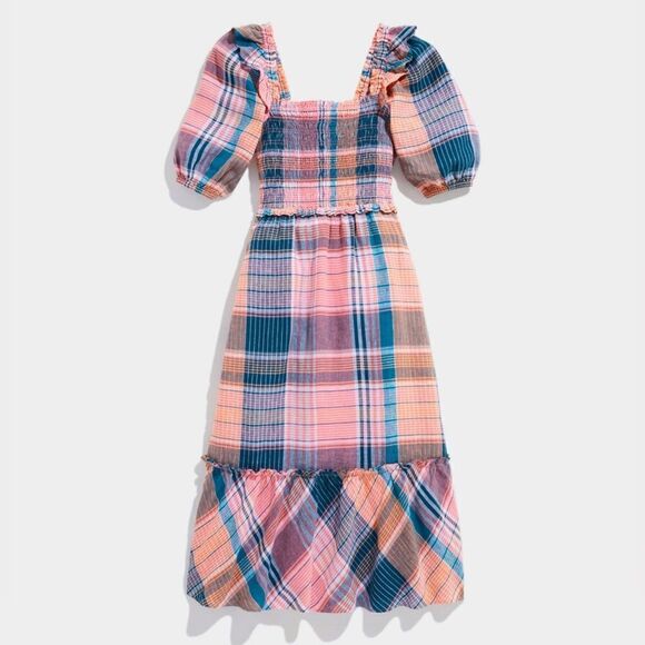 Vineyard Vines Smocked Puff Sleeve Plaid Midi Dress NWT - Picture 1 of 9